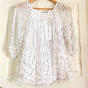 size L New VIOLA BORGHI  sheer lined white polka‎ dot 3/4 sleeve silk blouse top